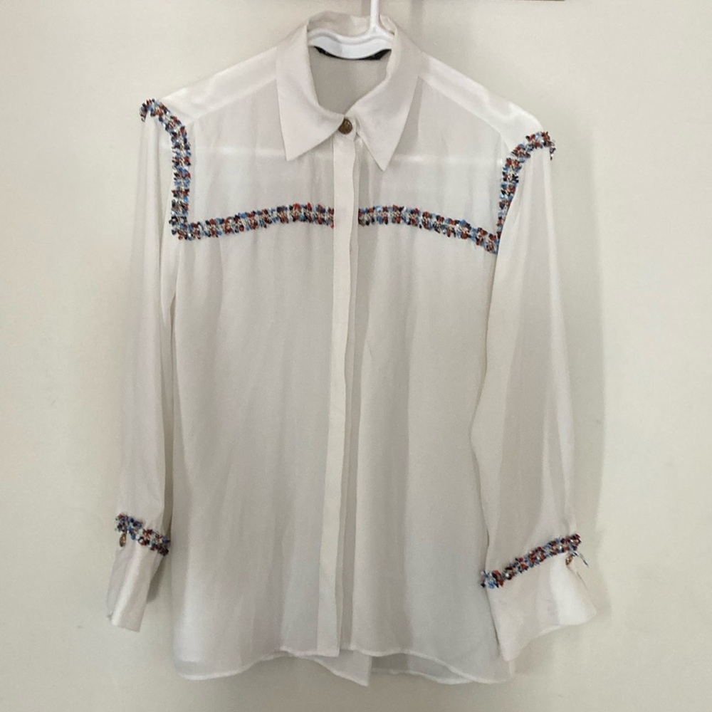 White Zara Blouse with Red, White and Blue Embellishments in Size S
